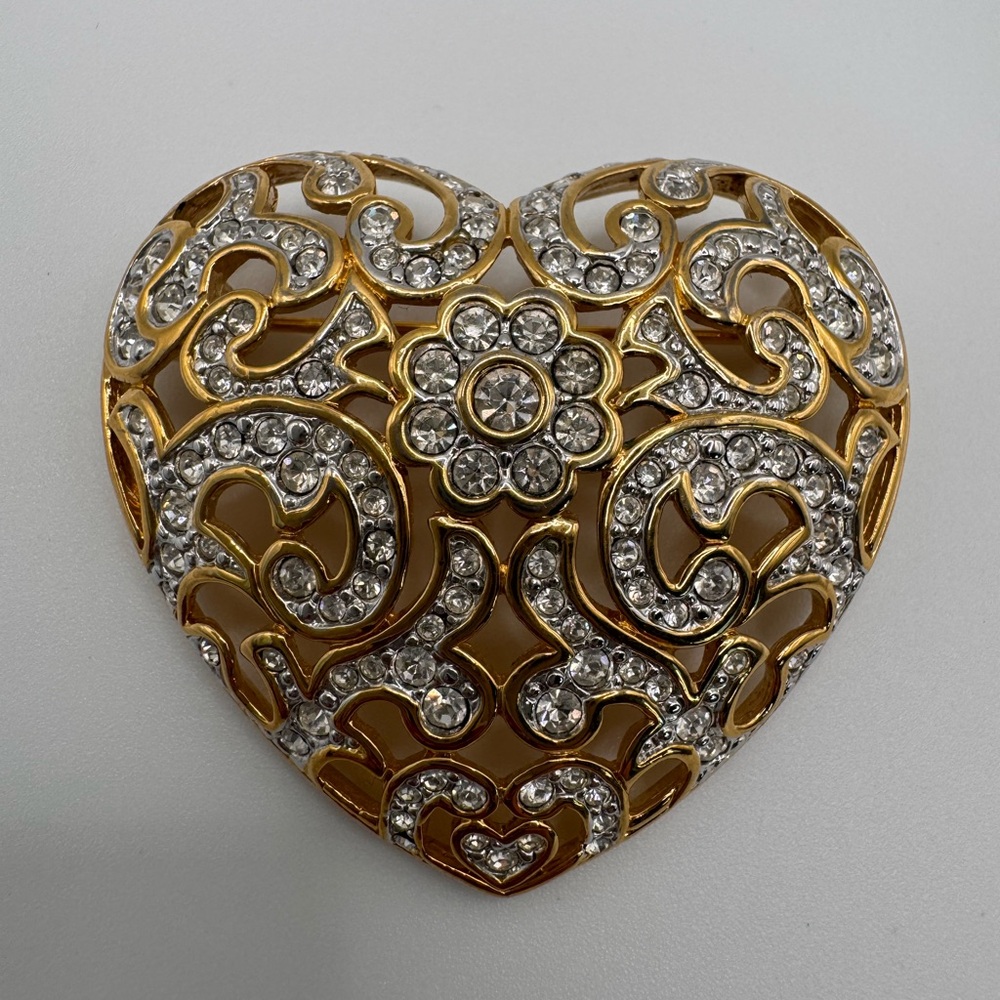 Swarovski Signed Crystal Heart Brooch - Gold Tone Filigree Vintage - Open Work